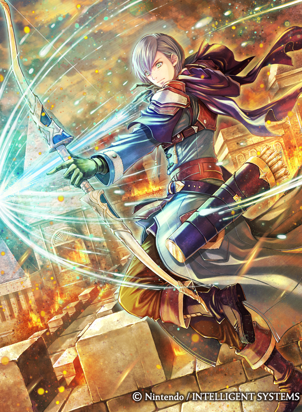 1boy arrow_(projectile) ashe_ubert boots bow_(weapon) clouds fire fire_emblem fire_emblem:_three_houses fire_emblem_cipher freckles gloves green_eyes grey_hair official_art quiver sky solo takaya_tomohide weapon