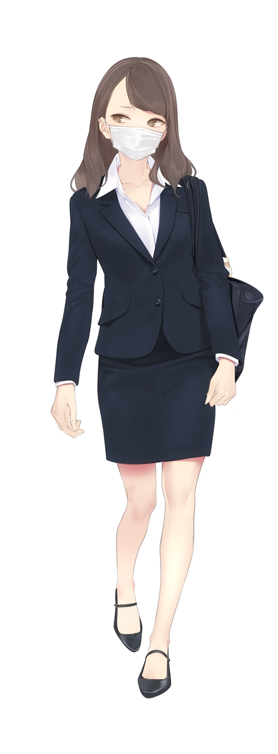 1girl ama_mitsuki black_hair brown_eyes brown_hair business_suit commentary_request earrings formal full_body high_heels highres jewelry long_hair long_sleeves looking_at_viewer mask mouth_mask office_lady original pantyhose pencil_skirt shirt shoes simple_background skirt solo standing suit surgical_mask white_background white_shirt