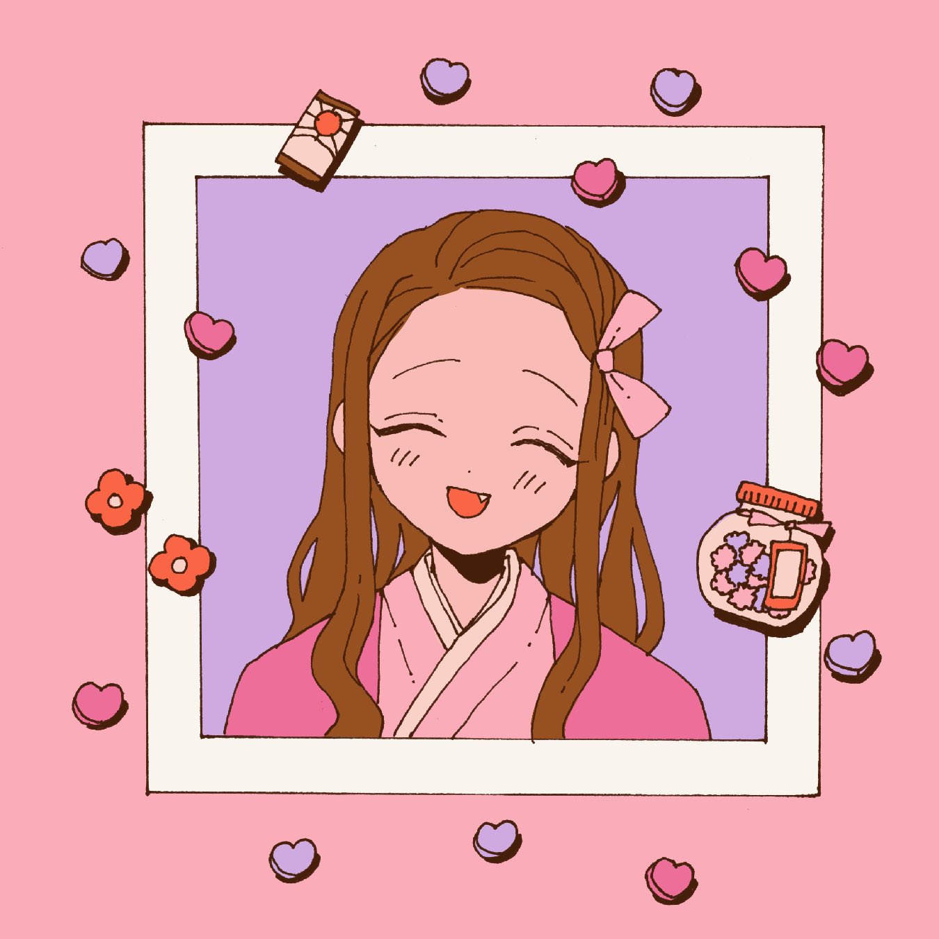 1girl bow brown_hair closed_eyes dddddestroy fang flower hanafuda heart highres kamado_nezuko kimetsu_no_yaiba long_hair open_mouth pink_bow purple_background red_flower smile solo upper_body