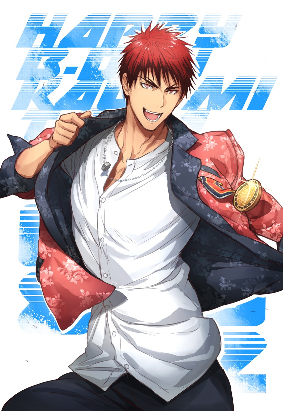 1boy dated happy_birthday highres jacket kagami_taiga kuroko_no_basuke male_focus medal pants red_eyes red_jacket redhead smile smiley_face solo solo_focus zawar379