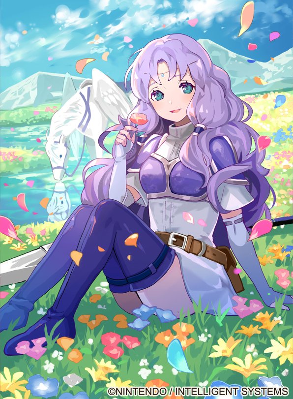 1girl belt boots clouds cloudy_sky dress fire_emblem fire_emblem:_the_blazing_blade fire_emblem_cipher flower long_hair looking_at_viewer official_art pegasus pegasus_knight short_dress simple_background sitting sky smile solo thigh-highs thigh_boots tobi_(kotetsu) white_dress