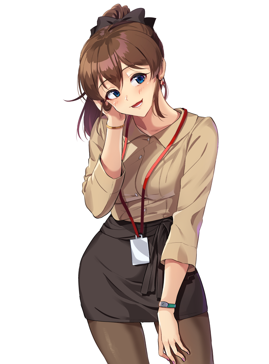 1girl bangs black_bow black_legwear black_sash black_skirt blue_eyes bow bracelet brown_shirt collared_shirt commentary cowboy_shot hair_bow hand_in_hair head_tilt highres idolmaster idolmaster_million_live! idolmaster_million_live!_theater_days jewelry kamille_(vcx68) lanyard long_sleeves looking_at_viewer medium_hair miniskirt nail_polish office_lady open_mouth pantyhose pencil_skirt ponytail purple_nails red_earrings sash satake_minako shirt simple_background skirt smile solo standing watch watch white_background