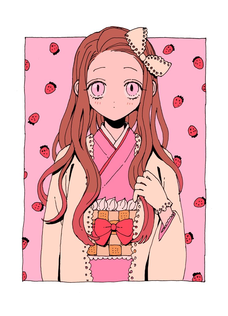 1girl border bow brown_hair dddddestroy food frills fruit gloves hair_bow japanese_clothes kamado_nezuko kimetsu_no_yaiba kimono long_hair long_sleeves looking_at_viewer outside_border pink_eyes pink_kimono red_bow solo strawberry upper_body white_border white_bow white_gloves