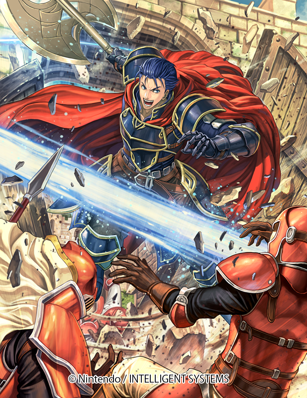 1boy armor axe belt blue_eyes blue_hair brown_gloves cape company_name copyright_name fire_emblem fire_emblem:_the_blazing_blade fire_emblem_cipher from_behind gloves hector_(fire_emblem) helmet holding holding_axe izuka_daisuke official_art open_mouth red_cape short_hair solo_focus