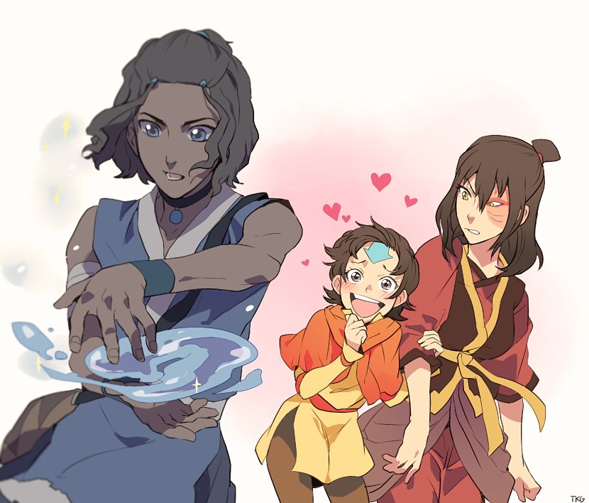 1boy 2girls :d aang avatar:_the_last_airbender avatar_(series) blue_eyes blush breasts brown_hair burn_scar choker dark_skin facial_scar genderswap genderswap_(ftm) genderswap_(mtf) heart holding_arm katara looking_at_viewer medium_breasts multiple_girls open_mouth ponytail scar scar_across_eye short_hair smile t_k_g tattoo topknot water yellow_eyes zuko