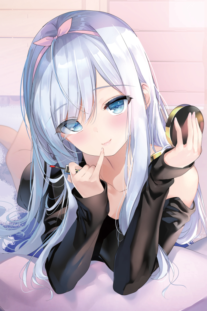 1girl bangs blue_eyes blush emily_(pure_dream) eyebrows_visible_through_hair hairband long_hair looking_at_viewer lying on_stomach original silver_hair smile solo