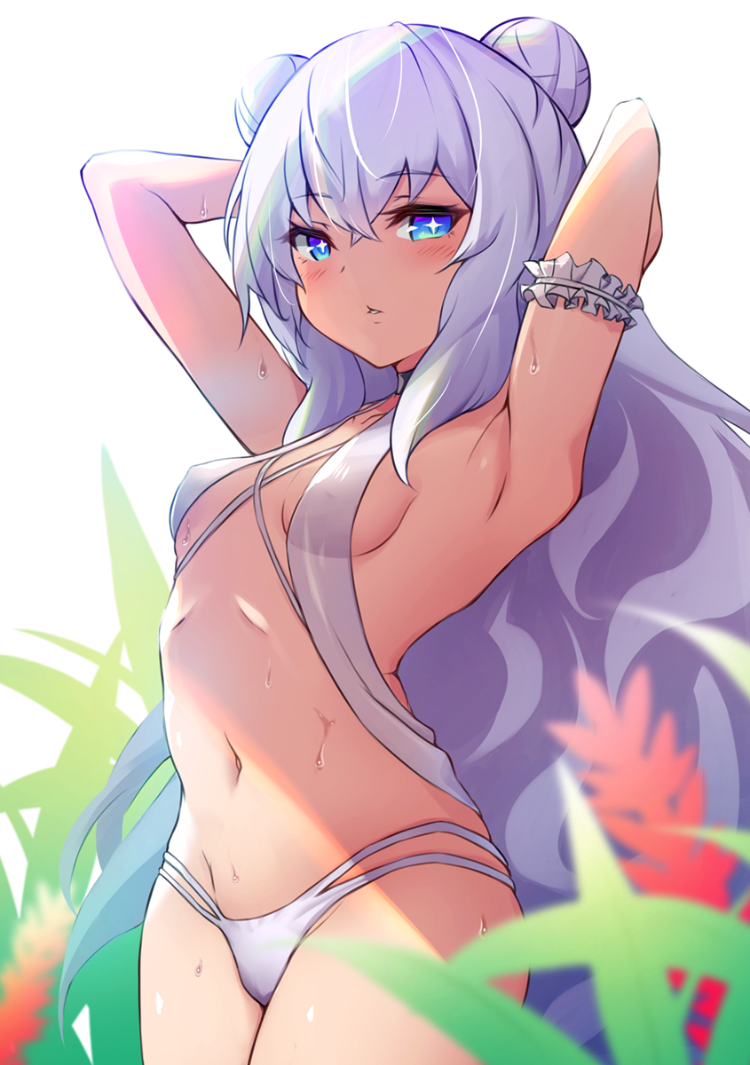 +_+ 1girl arm_garter armpits arms_behind_head arms_up azur_lane backlighting bangs bare_shoulders bikini blue_eyes blush breasts collarbone double_bun halterneck highres le_malin_(azur_lane) le_malin_(wednesday's_retreat)_(azur_lane) long_hair looking_at_viewer navel parted_lips silver_hair small_breasts swimsuit symbol-shaped_pupils tgh326 very_long_hair white_bikini