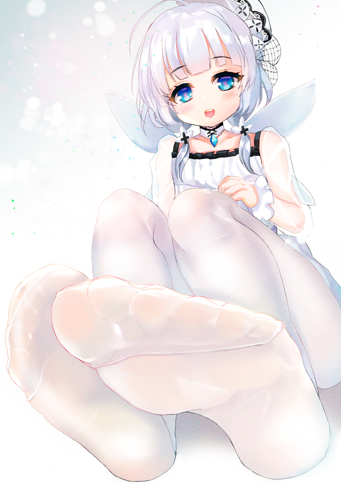 1girl azur_lane blue_eyes coat_dress dress fake_wings feet lace-trimmed_headwear lace_trim legs little_illustrious_(azur_lane) low_twintails no_shoes pantyhose piaroo see-through_sleeves smile soles solo twintails white_dress white_hair white_headwear white_legwear wings younger
