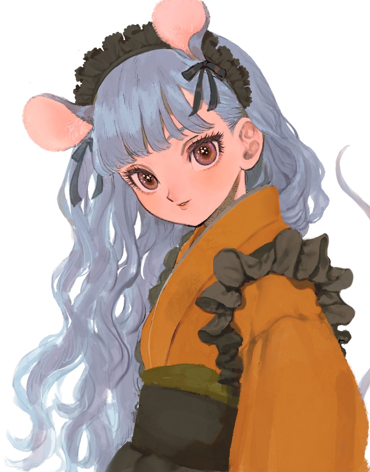 1girl animal_ears azrerere bangs blunt_bangs brown_eyes grey_hair highres japanese_clothes kimono long_hair looking_at_viewer mouse_ears mouse_tail obi original sash simple_background solo tail upper_body white_background yellow_kimono