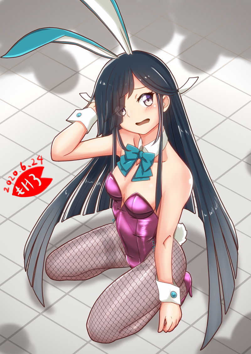 1girl animal_ears black_hair blue_eyes blue_neckwear bow bowtie breasts bunny_girl bunny_tail bunnysuit commentary_request detached_collar fishnet_legwear fishnets full_body grey_legwear hair_over_one_eye hayashimo_(kantai_collection) kantai_collection kneeling leotard long_hair looking_at_viewer mokerou pantyhose purple_leotard rabbit_ears shadow small_breasts solo strapless strapless_leotard tail thick_eyebrows tile_floor tiles very_long_hair wrist_cuffs