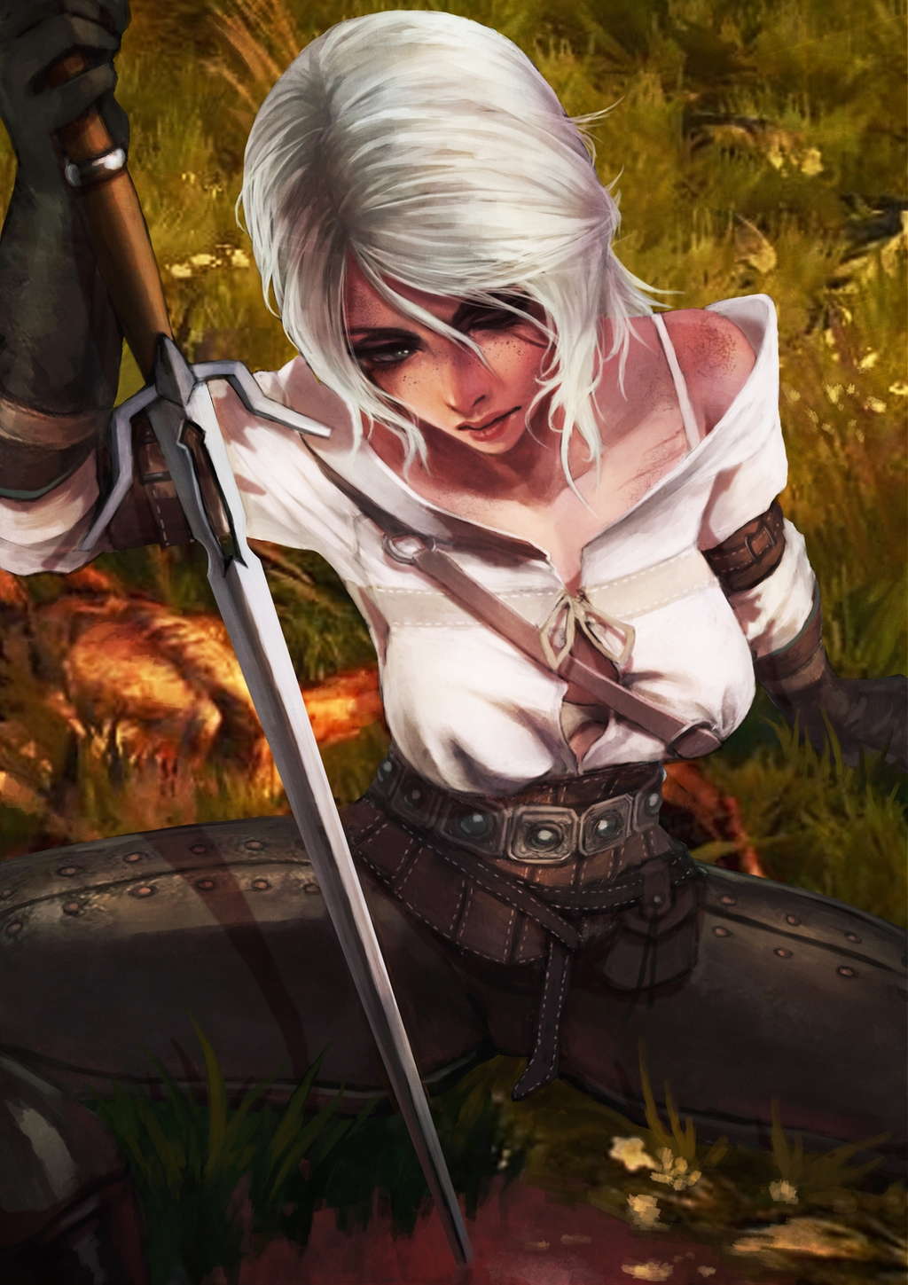 1girl black_gloves bra_strap ciri gloves grey_eyes highres holding holding_sword holding_weapon looking_to_the_side monori_rogue open_clothes open_shirt sitting solo sword the_witcher_3 weapon white_hair