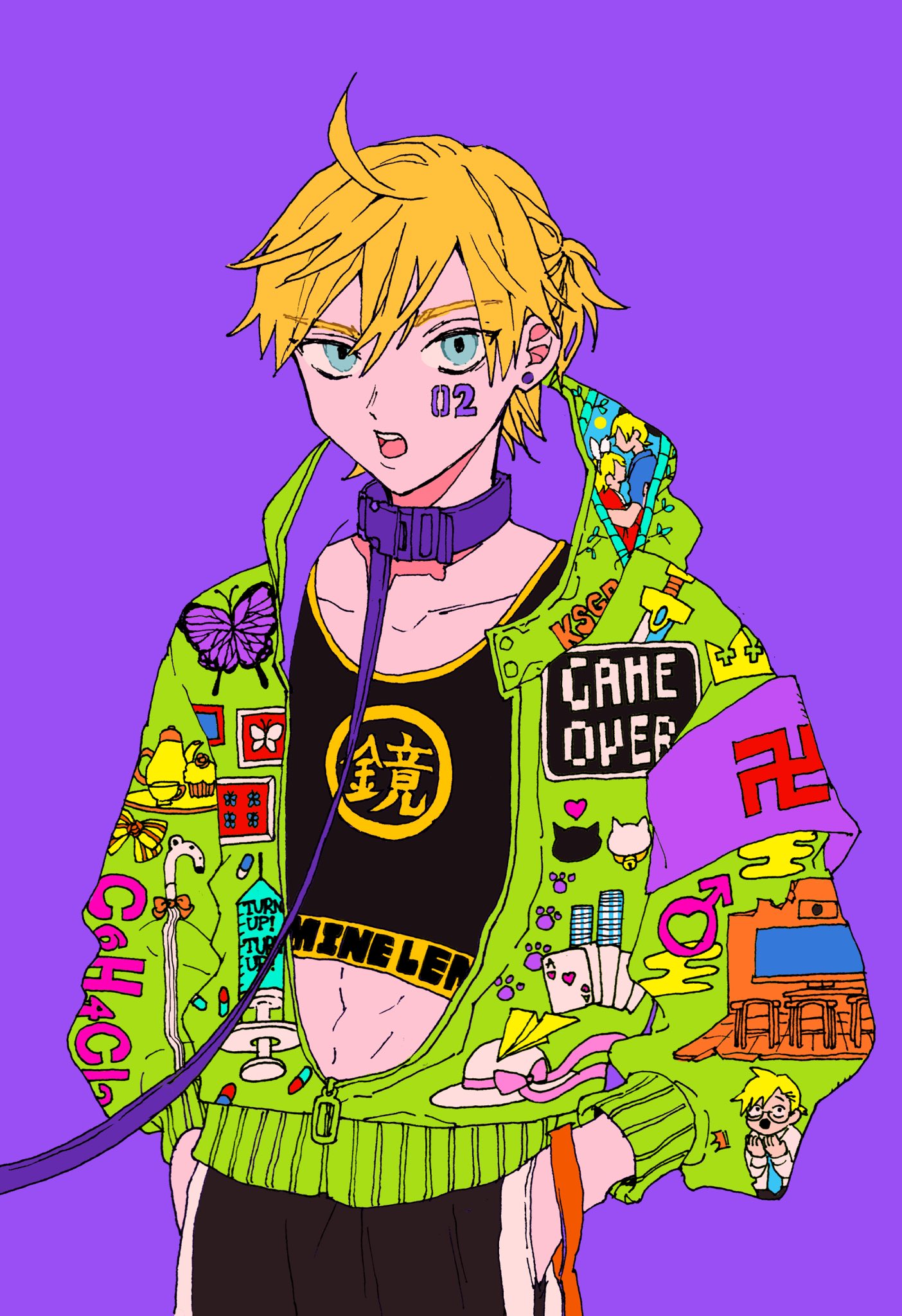 1boy abs blonde_hair blue_eyes bug butterfly dddddestroy earrings green_jacket hands_in_pockets highres hood hood_down insect jacket jewelry kagamine_len leash open_mouth print_jacket purple_background short_hair simple_background solo vocaloid