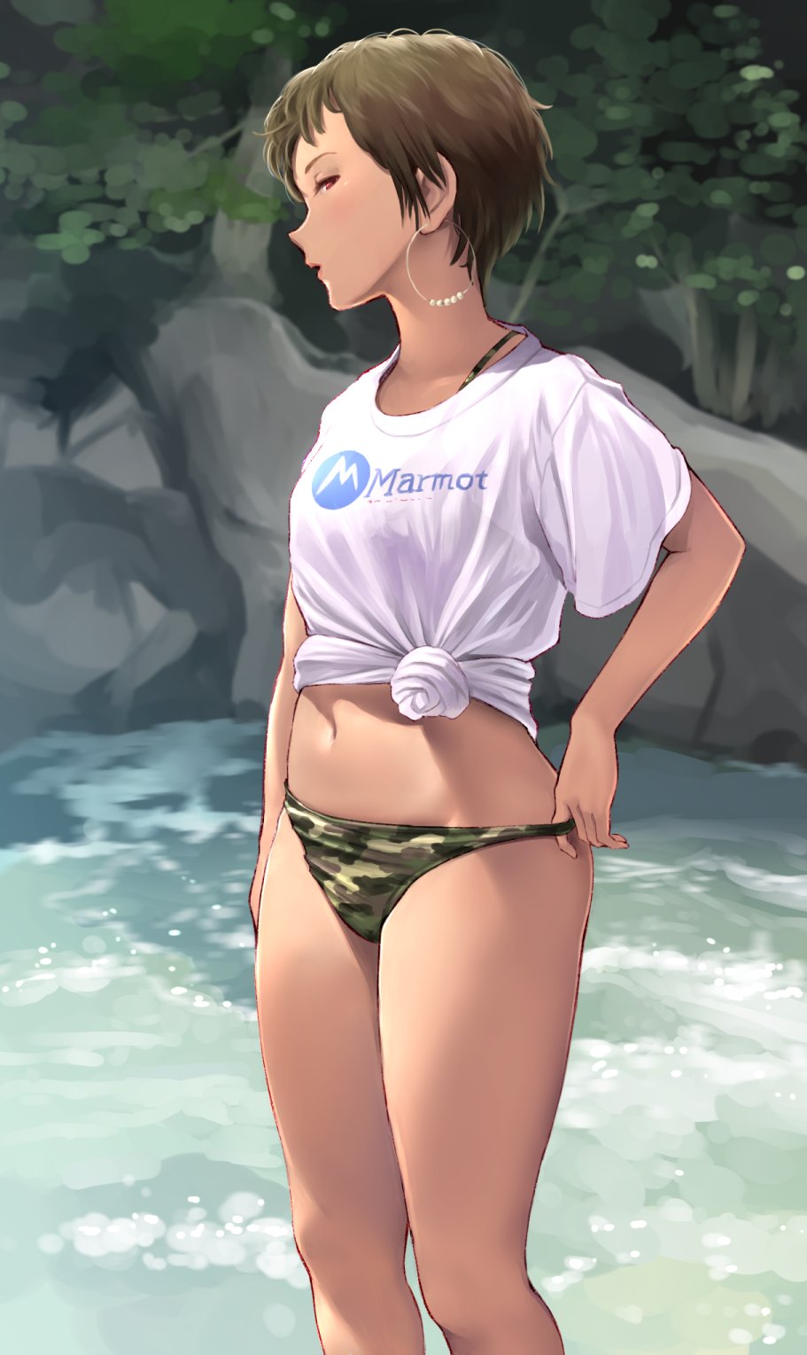 1girl bikini breasts brown_hair camouflage camouflage_bikini earrings forest highres jewelry nature navel open_mouth original outdoors red_eyes shirt short_hair small_breasts solo standing swimsuit swimsuit_under_clothes thighs tree wa_(genryusui) water white_shirt