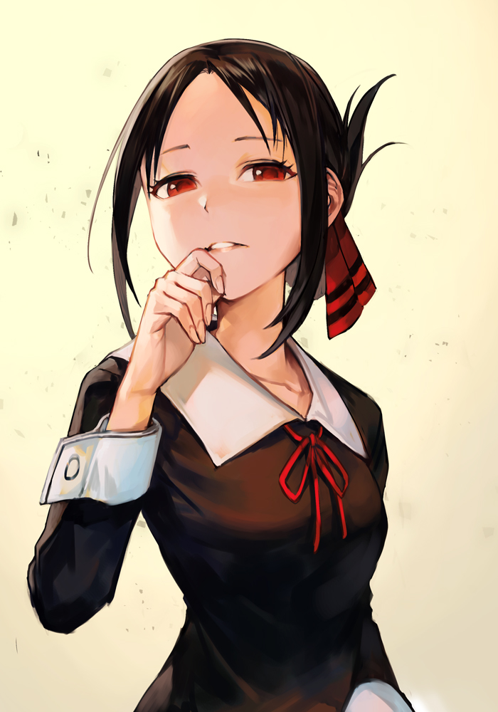 1girl black_hair breasts cowboy_shot fingernails folded_ponytail hankuri kaguya-sama_wa_kokurasetai_~tensai-tachi_no_renai_zunousen~ long_fingernails looking_at_viewer neck_ribbon parted_lips red_eyes ribbon shinomiya_kaguya small_breasts smile solo yellow_background