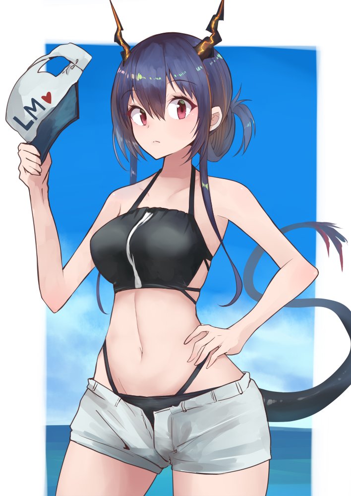 1girl arknights bangs baseball_cap bikini black_bikini blue_hair blue_sky breasts ch'en_(arknights) clothes_writing clouds commentary cowboy_shot day dragon_horns dragon_tail folded_ponytail grey_shorts hair_between_eyes hand_on_hip hat horizon horns long_hair looking_at_viewer medium_breasts navel ocean open_clothes open_fly open_shorts outdoors red_eyes short_shorts shorts sky solo standing swimsuit swimsuit_under_clothes tail unzipped yuzuruka_(bougainvillea)