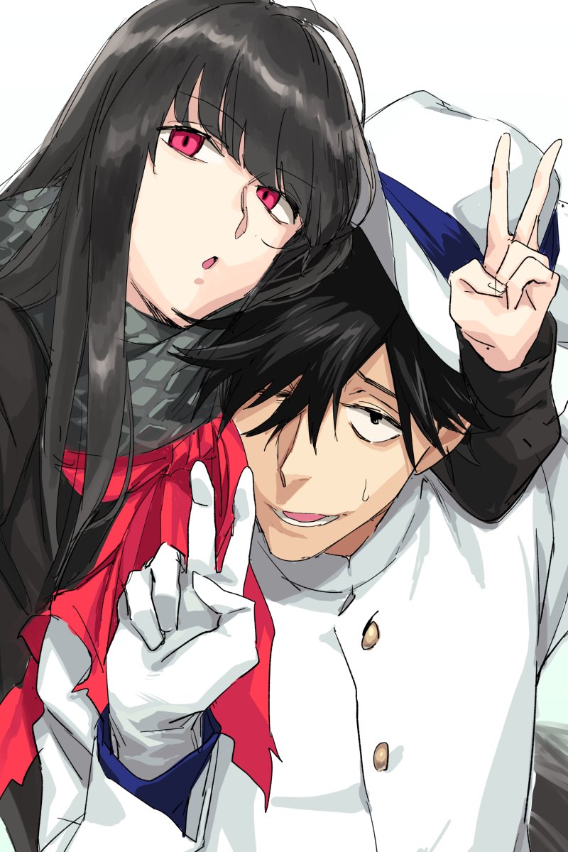 1boy 1girl bangs black_hair couple fate/grand_order fate_(series) gloves hair_over_one_eye hat hetero highres jacket japanese_clothes koha-ace kyo-ani_love long_hair long_sleeves looking_at_viewer on_shoulder one_eye_closed open_mouth oryou_(fate) red_eyes sakamoto_ryouma_(fate) scarf sketch smile type-moon upper_body v very_long_hair white_background white_gloves white_headwear