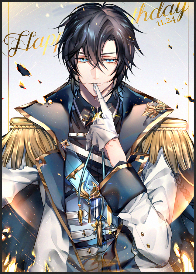 1boy bangs belt biting black_hair blue_cape blue_eyes cape dated epaulettes eyebrows_visible_through_hair fire gem gloves glowing happy_birthday high_collar jacket long_sleeves looking_at_viewer male_focus open_clothes open_jacket parted_lips quan_zhi_gao_shou s_(olath) short_hair sleeve_cuffs solo tassel torn_cape torn_clothes torn_jacket upper_body white_belt white_gloves zhou_zekai