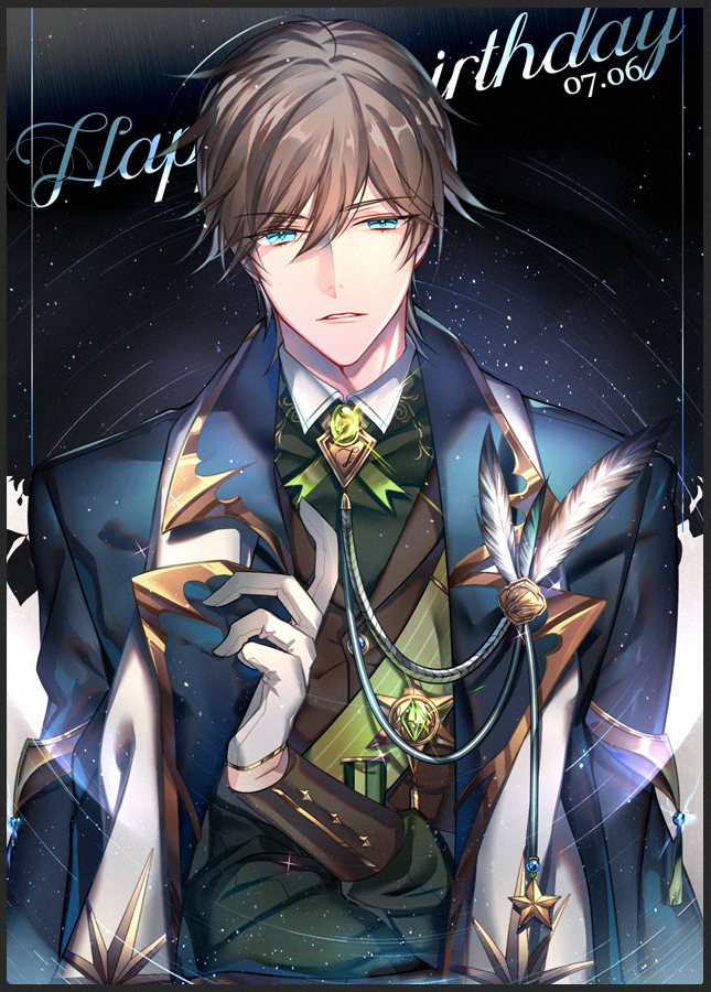 1boy ahoge bangs brown_hair collar crossed_arms dated eyebrows_visible_through_hair feathers gem gloves glowing green_eyes happy_birthday jacket jacket_on_shoulders long_sleeves looking_at_viewer male_focus open_clothes open_jacket parted_lips quan_zhi_gao_shou s_(olath) shirt short_hair solo star_(sky) upper_body wang_jiexi white_feathers white_gloves