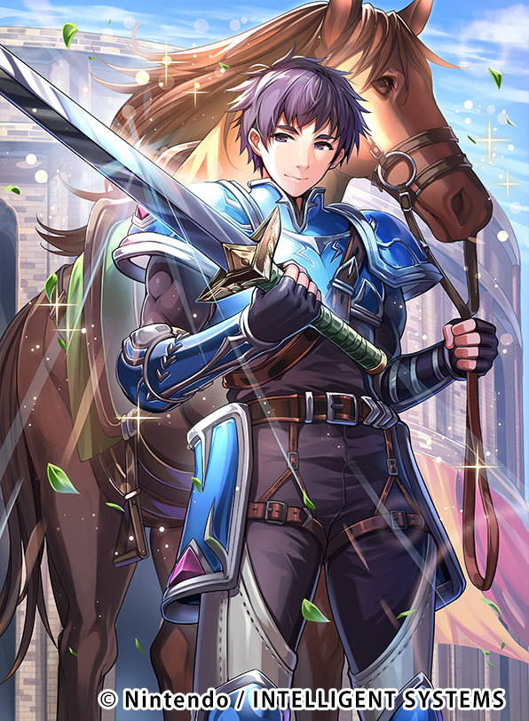 1boy armor belt chachie fingerless_gloves fire_emblem fire_emblem:_the_binding_blade fire_emblem_cipher gloves horse leaf noah_(fire_emblem) official_art purple_hair sky solo sparkle sword violet_eyes weapon