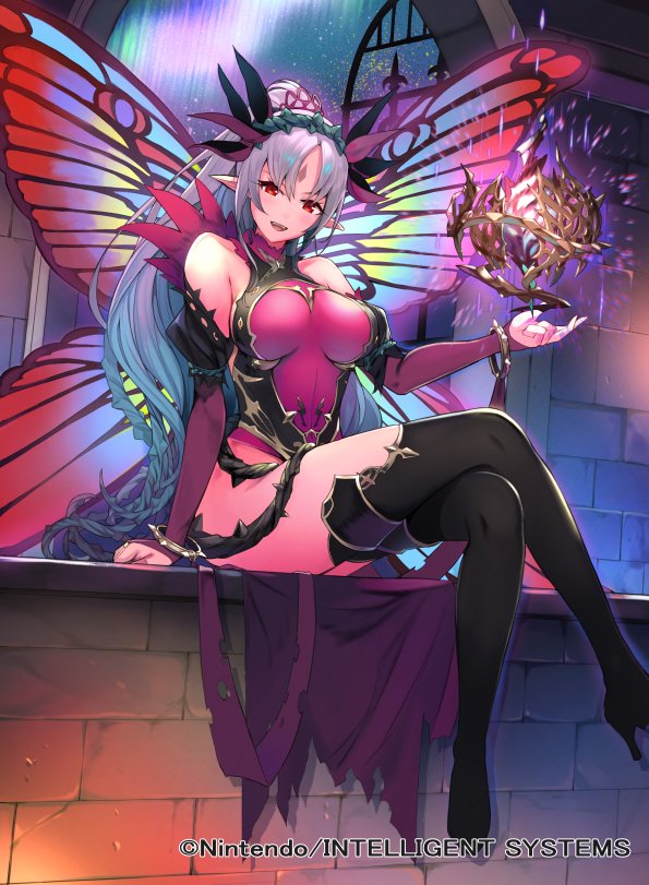 1girl bangs bare_shoulders boots breasts commentary_request company_name copyright_name dress fairy fairy_wings fire_emblem fire_emblem_cipher fire_emblem_heroes hair_ornament kurosawa_tetsu large_breasts long_hair official_art plumeria_(fire_emblem) short_dress solo thigh-highs thigh_boots wings