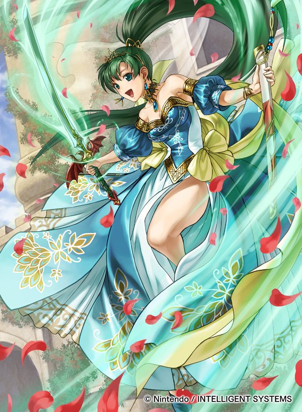 1girl bangs bare_shoulders blue_sky bracelet breasts clouds cloudy_sky collarbone commentary_request company_connection company_name copyright_name day detached_collar dress earrings fire_emblem fire_emblem:_the_blazing_blade fire_emblem_cipher green_eyes green_hair hair_ornament holding holding_sword holding_weapon jewelry kita_senri long_hair looking_at_viewer lyn_(fire_emblem) medium_breasts official_art open_mouth petals ponytail puffy_sleeves sheath side_slit simple_background sky smile solo strapless strapless_dress sword thighs tiara tied_hair weapon