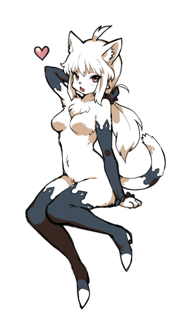 1girl ahoge animal_ear_fluff animal_ears animal_nose arm_behind_head bare_shoulders black_sleeves boots brown_eyes cat cat_ears cat_girl cat_tail commentary detached_sleeves eyebrows_visible_through_hair fang furry heart long_hair long_sleeves looking_at_viewer no_nipples nude open_mouth original simple_background sitting solo tail white_background white_fur white_hair wkar