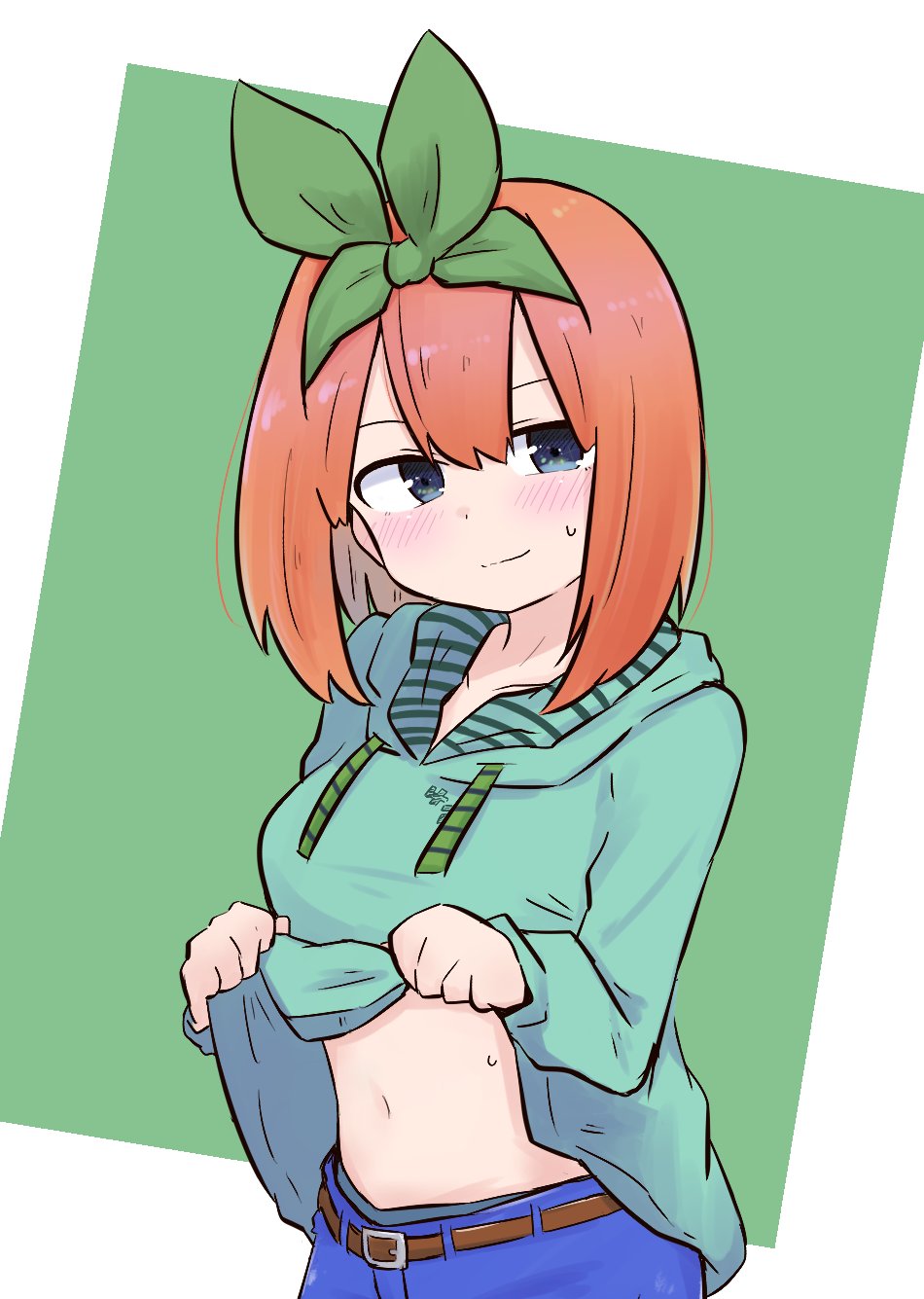 1girl bangs belt belt_buckle blue_eyes blue_pants blush breasts brown_belt buckle closed_mouth commentary_request drawstring eyebrows_behind_hair go-toubun_no_hanayome green_background green_hoodie green_ribbon hair_between_eyes hair_ribbon highres hood hoodie hoodie_lift kujou_karasuma lifted_by_self light_smile medium_breasts nakano_yotsuba navel orange_hair pants ribbon solo striped sweat two-tone_background white_background