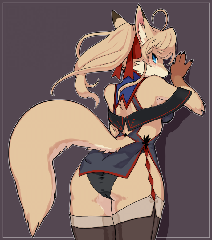 1girl ahoge animal_ears animal_nose ass back bare_shoulders beige_fur black_panties blue_eyes blush breasts brown_background brown_fur claws commentary fox fox_ears fox_girl fox_tail furry hair_between_eyes long_hair looking_at_viewer medium_breasts original panties simple_background slit_pupils snout solo tail two-tone_fur underwear wkar