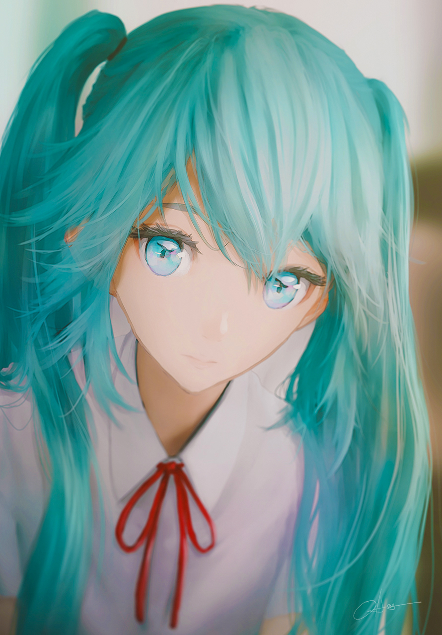 1girl aqua_eyes aqua_hair blurry blurry_background closed_mouth commentary expressionless hatsune_miku highres long_hair looking_at_viewer neck_ribbon ojay_tkym red_ribbon ribbon shirt short_sleeves signature solo twintails very_long_hair vocaloid white_shirt