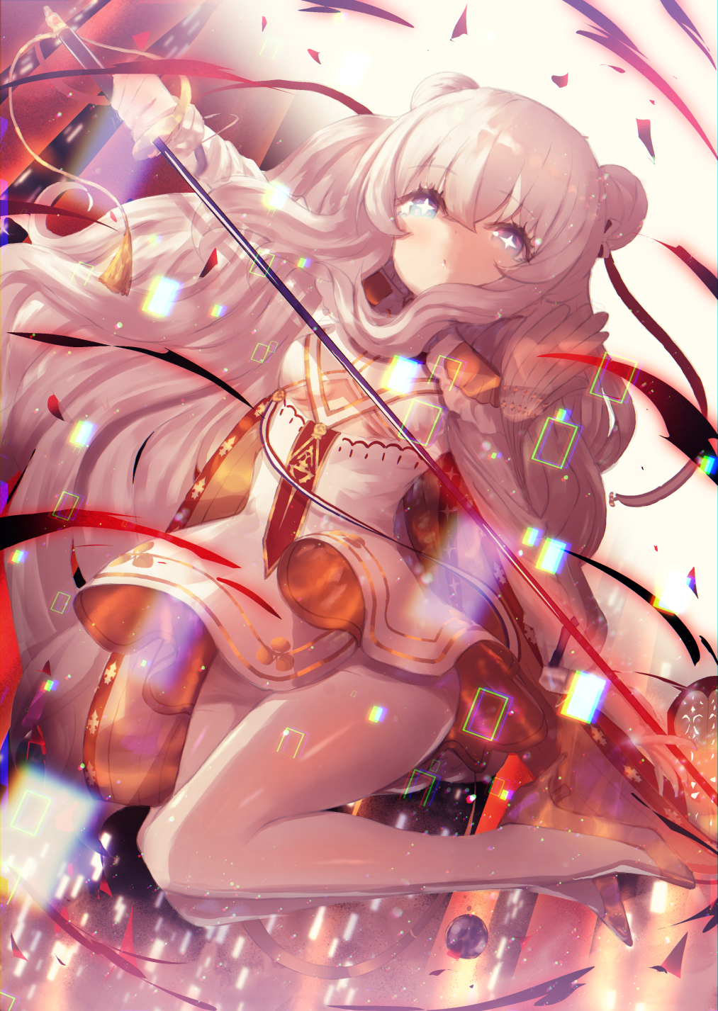 +_+ 1girl azur_lane bangs blue_eyes breasts closed_mouth commentary double_bun dress epaulettes eyebrows_visible_through_hair full_body highres holding holding_sword holding_weapon izumo_(user_cmcy2878) jumping le_malin_(azur_lane) long_hair pantyhose rapier sidelocks silver_hair small_breasts solo sword under_boob very_long_hair wavy_hair weapon white_dress white_legwear