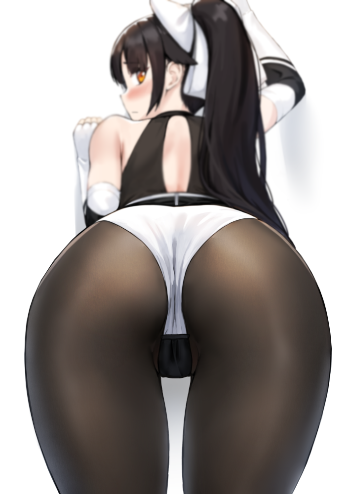 1girl anti_(0324) ass azur_lane back bangs bare_shoulders bent_over black_hair black_legwear blush bow breasts closed_mouth elbow_gloves fingerless_gloves foreshortening gloves hair_bow hair_flaps leotard looking_at_viewer looking_back multicolored_leotard orange_eyes pantyhose racequeen shrug_(clothing) simple_background takao_(azur_lane) takao_(full_throttle_charmer)_(azur_lane) thighs two-tone_leotard white_background white_bow