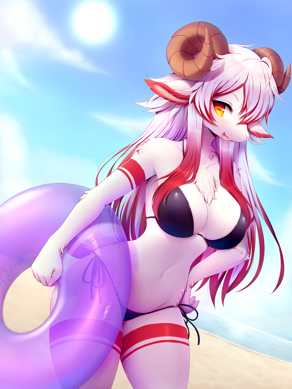 1girl :d abi_(f-noodles) animal_ears beach bikini black_bikini blush breasts clouds collarbone commentary contrapposto cowboy_shot crunchobar curled_horns english_commentary furry hair_between_eyes hand_on_hip highres holding holding_innertube horizontal_pupils horns innertube large_breasts long_hair looking_at_viewer navel open_mouth original purple_innertube red_fur redhead sheep sheep_ears sheep_girl sheep_horns sheep_tail sky smile snout solo standing summer sun swimsuit tail teeth white_fur white_hair yellow_eyes
