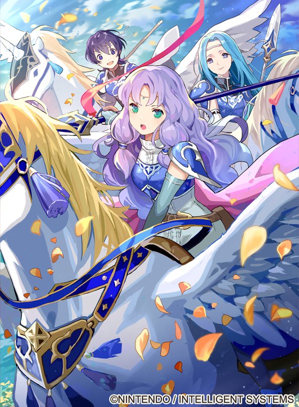3girls armor bangs clouds cloudy_sky commentary_request company_connection copyright_name day farina_(fire_emblem) fiora_(fire_emblem) fire_emblem fire_emblem:_the_blazing_blade fire_emblem_cipher florina_(fire_emblem) long_hair multiple_girls official_art outdoors pegasus pegasus_knight petals sky tobi_(kotetsu) wings