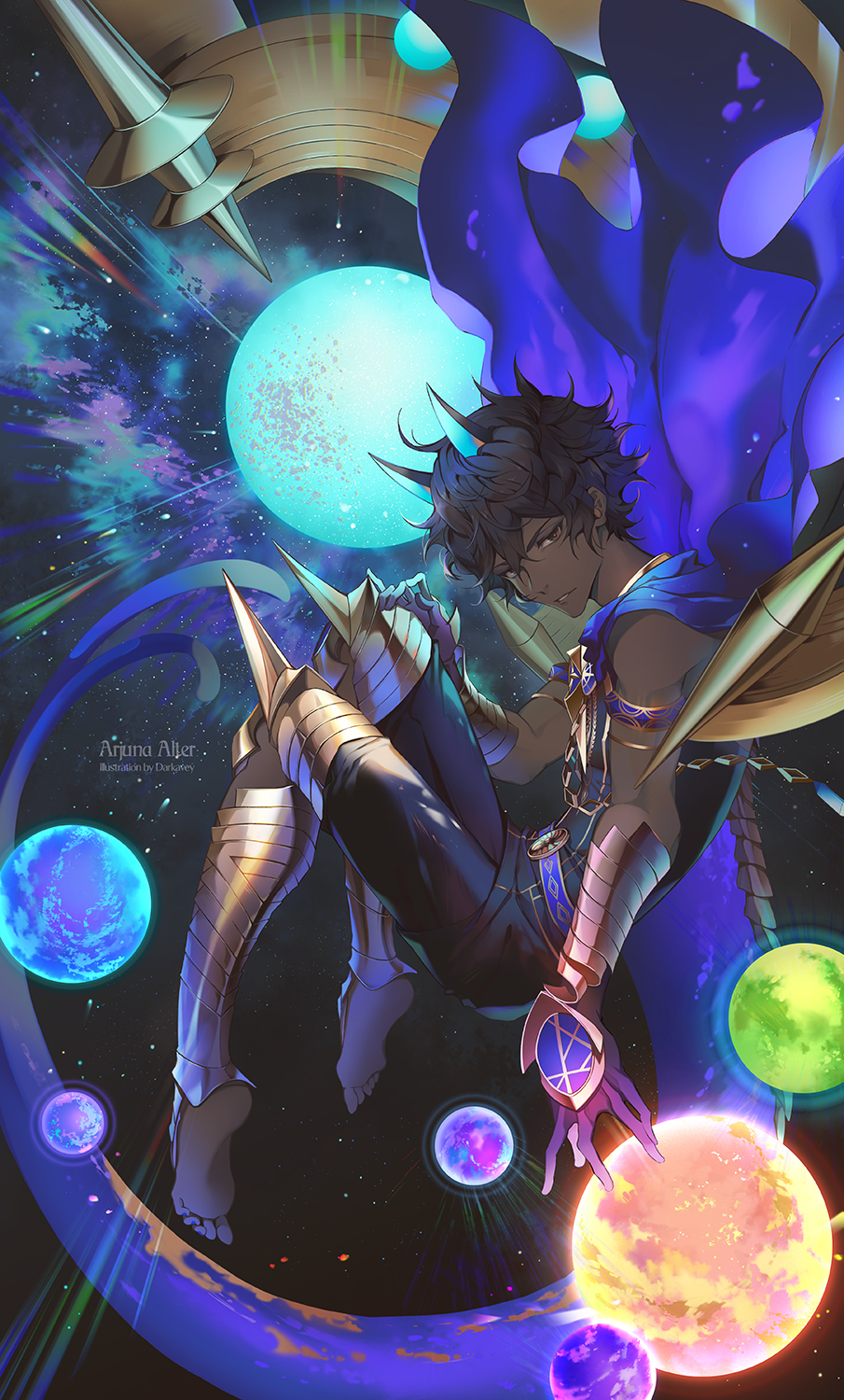1boy arjuna_alter armor artist_name bangs barefoot black_hair blue_tail brown_eyes brown_hair cape dark_skin dark_skinned_male darkavey dynamic_pose fate/grand_order fate_(series) fighting_stance floating floating_object glowing hair_between_eyes highres horns jewelry light_particles looking_at_viewer male_focus open_hand pants planet revealing_clothes shine side_cutout sky sleeveless solo space star_(sky) starry_background starry_sky tail vambraces