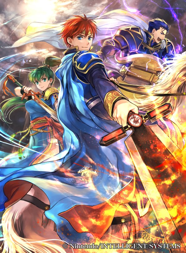 1girl 2boys animal armor blue_eyes blue_hair cape commentary_request company_connection company_name copyright_name eliwood_(fire_emblem) fire fire_emblem fire_emblem:_the_blazing_blade fire_emblem_cipher green_eyes green_hair hector_(fire_emblem) holding holding_sword holding_weapon horse horseback_riding long_hair long_sleeves looking_at_viewer lyn_(fire_emblem) multiple_boys official_art ponytail redhead riding short_hair short_sleeves shoulder_armor smile sword tied_hair wada_sachiko weapon