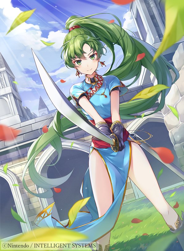 1girl bangs blue_sky boots closed_mouth clouds cloudy_sky commentary_request company_connection company_name copyright_name day earrings eyebrows_visible_through_hair fire_emblem fire_emblem:_the_blazing_blade fire_emblem_cipher gloves green_eyes green_hair holding holding_sword holding_weapon jewelry knee_boots long_hair lyn_(fire_emblem) necklace official_art outdoors pelvic_curtain petals ponytail ringozaka_mariko sheath shiny shiny_hair shiny_skin short_sleeves sky smile solo sword tied_hair weapon