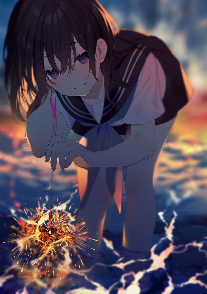 1girl achiki bare_legs bent_over black_hair blurry blurry_background blush commentary cowboy_shot eyebrows_visible_through_hair fireworks grin hair_between_eyes hand_in_hair holding looking_at_viewer medium_hair miniskirt original school_uniform serafuku shirt skirt smile solo sparkler symbol_in_eye thighs violet_eyes wading water white_shirt