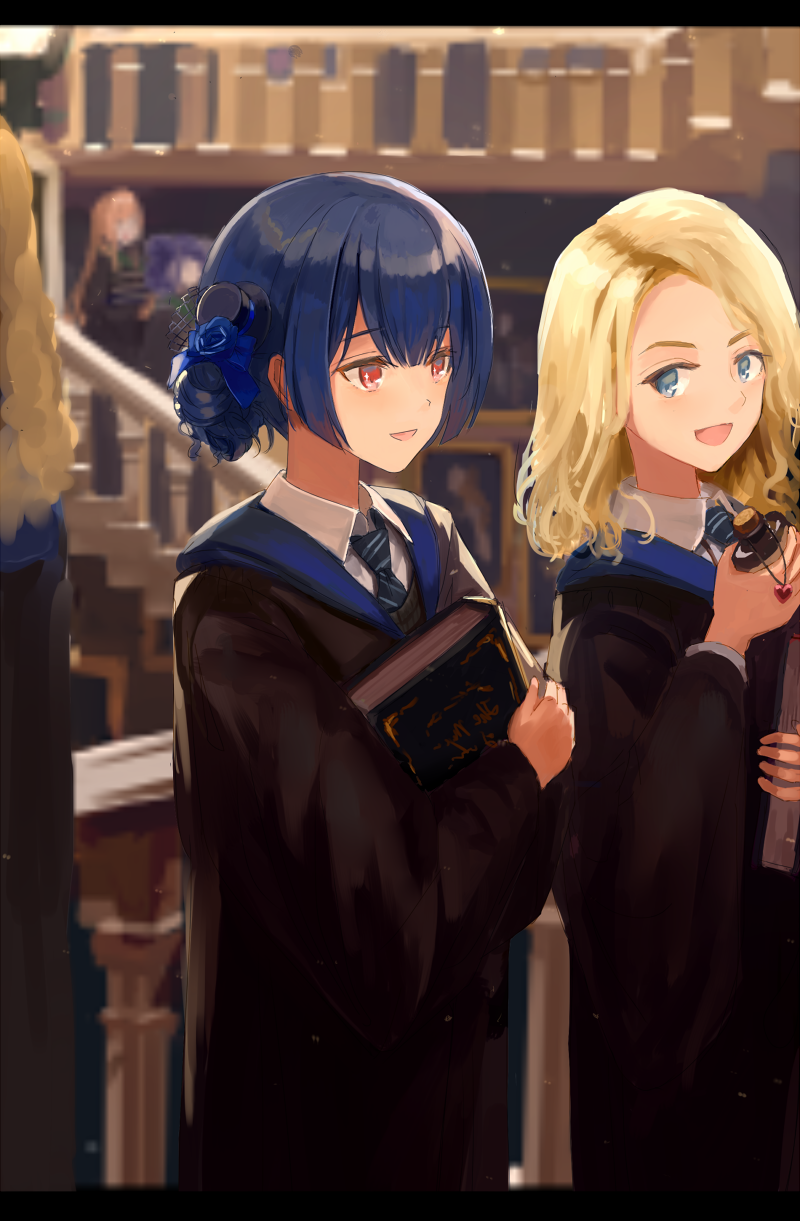 :d arisugawa_natsuha black_robe blonde_hair blue_eyes blue_neckwear book bottle collared_shirt commentary crossed_arms crossover disconnected_mouth english_commentary eyebrows_visible_through_hair grey_sweater hair_bun hair_ornament hair_ribbon hand_up harry_potter hat heart highres holding holding_book holding_bottle idolmaster idolmaster_shiny_colors indoors layered_clothing long_sleeves looking_at_another looking_away luna_lovegood madogiwa_(ran5) medium_hair mini_hat morino_rinze multiple_girls necktie open_mouth parted_hair ravenclaw red_eyes ribbed_sweater ribbon robe shiny shiny_hair shirt short_hair sidelocks smile standing striped striped_neckwear sweater tanaka_mamimi uniform wavy_hair white_shirt wide_sleeves