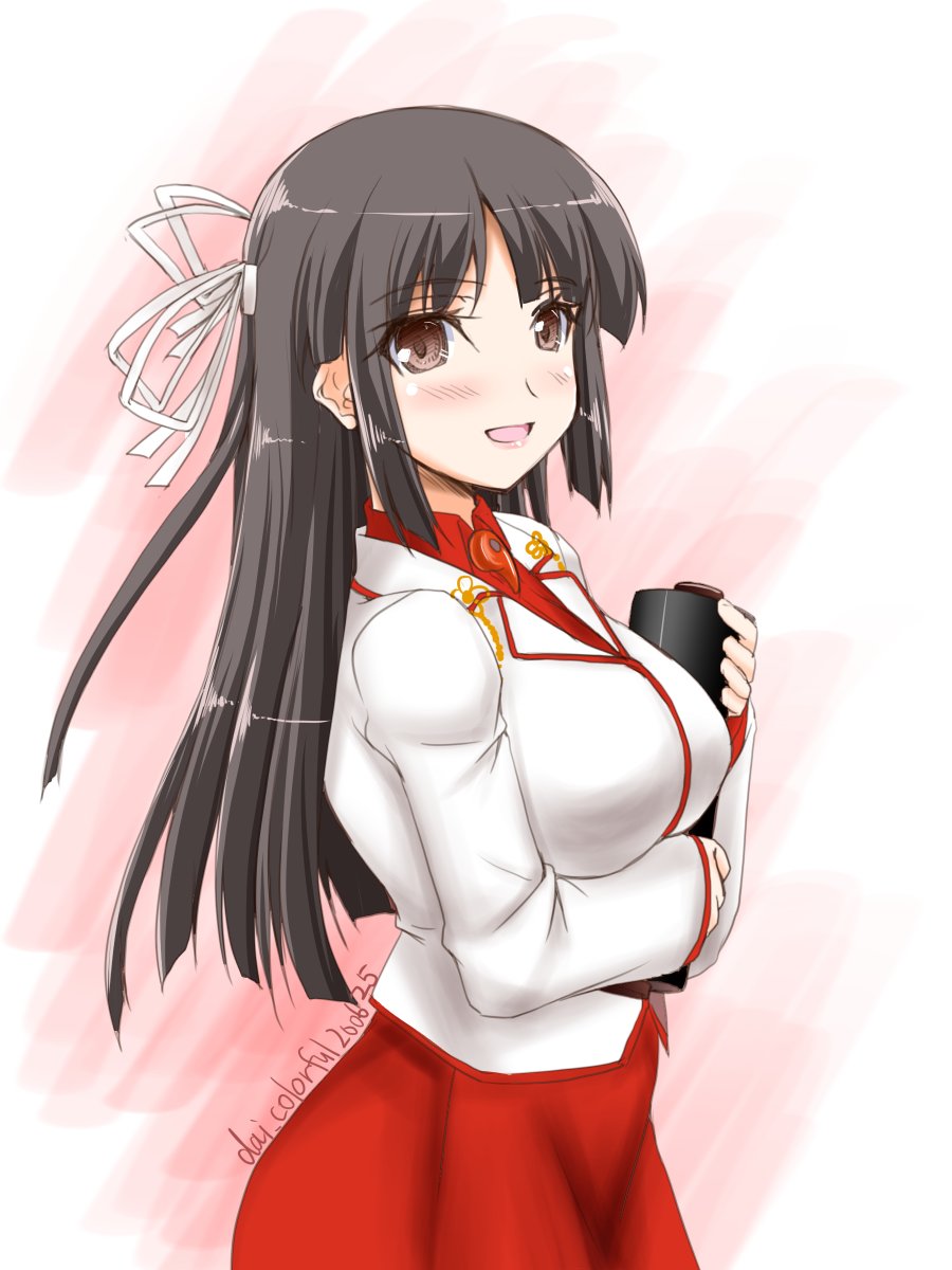 1girl akimoto_dai black_hair brown_eyes collared_shirt commentary_request cowboy_shot dated dress_shirt hair_ribbon hakama highres hime_cut hiyou_(kantai_collection) japanese_clothes kantai_collection long_hair magatama red_hakama red_shirt ribbon shirt solo twitter_username white_background