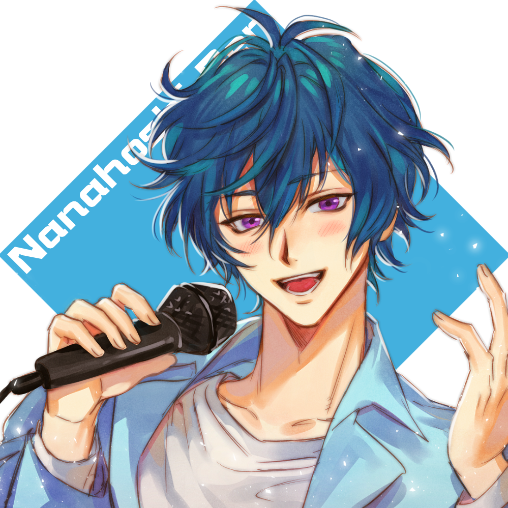 1boy :d argonavis_from_bang_dream! bang_dream! blue_hair blue_jacket blush character_name collared_jacket haen_(wlyea) holding holding_microphone jacket male_focus microphone nanahoshi_ren open_mouth smile upper_body violet_eyes