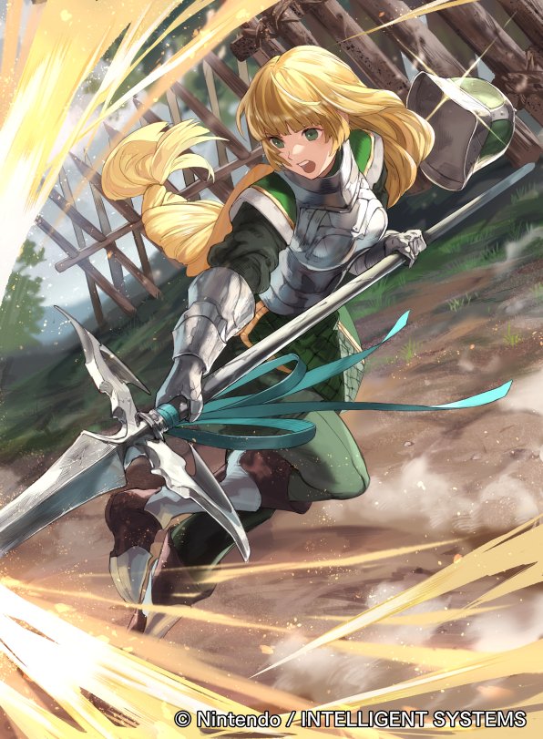 1girl armor blonde_hair company_name copyright_name day fire_emblem fire_emblem:_three_houses fire_emblem_cipher green_eyes headwear_removed helmet helmet_removed holding ingrid_brandl_galatea long_hair mayo_(becky2006) official_art open_mouth outdoors polearm solo weapon