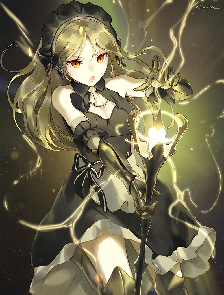 1girl angry apron armband armor artist_name bangs bare_shoulders blonde_hair bow buttons casting_spell chowbie collar cravat dress electricity gauntlets greaves holding holding_staff holding_weapon long_hair magic maid maid_dress maid_headdress open_mouth orange_eyes original ribbon solo staff upper_teeth waist_apron weapon
