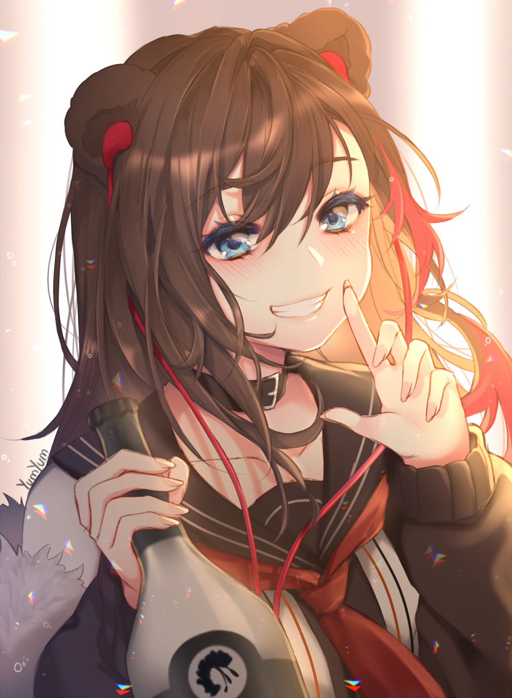 1girl :d alcohol animal_ears arknights bear_ears black_choker black_jacket blue_eyes bottle brown_hair choker collarbone earphones fur_trim grin highres holding index_finger_raised jacket long_hair long_sleeves looking_at_viewer multicolored_hair neckerchief open_mouth redhead sailor_collar smile solo streaked_hair upper_body vodka white_jacket yumyum zima_(arknights)