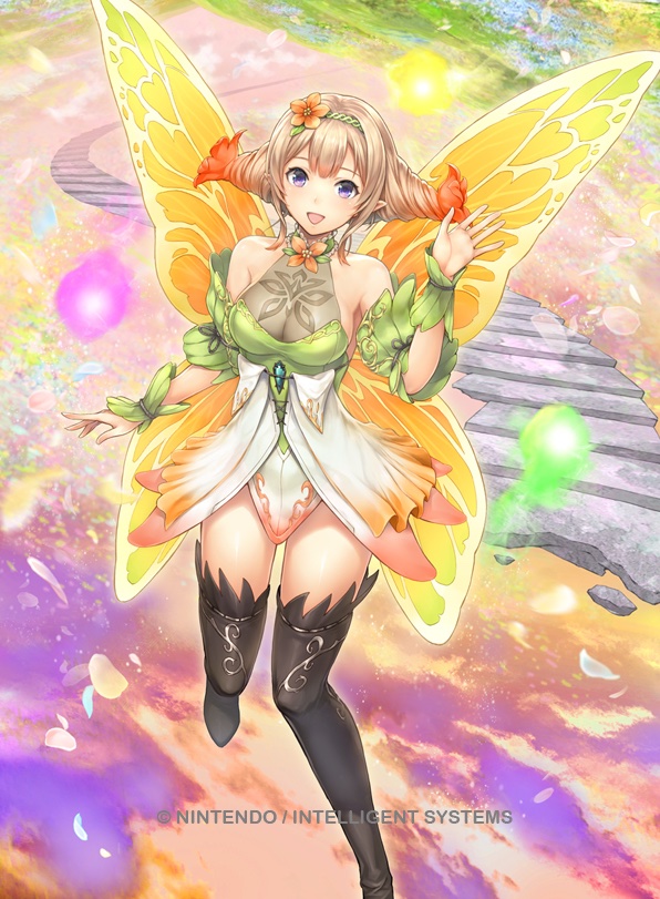 1girl bare_shoulders boots commentary_request company_name copyright_name dress fairy fairy_wings fire_emblem fire_emblem_cipher fire_emblem_heroes long_hair official_art peony_(fire_emblem) pointy_ears short_dress sleeveless solo thigh-highs thigh_boots wings yamada_koutarou