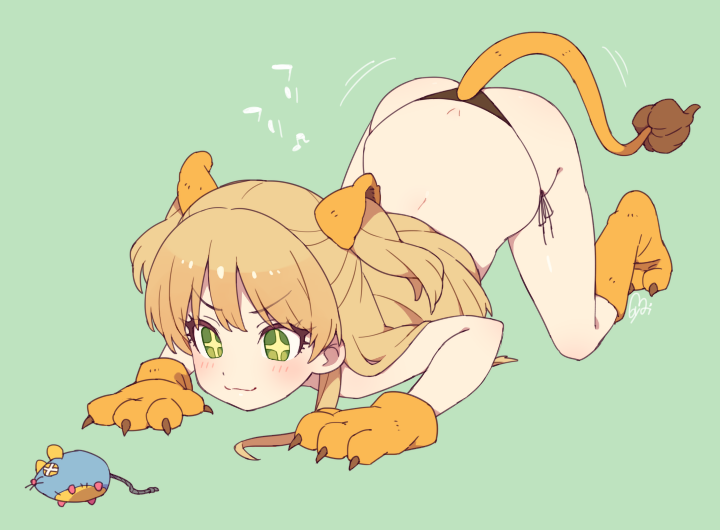 +_+ 1girl :3 all_fours animal_ears ass bangs black_panties blonde_hair blush closed_mouth commentary_request eyebrows_visible_through_hair fake_animal_ears gloves green_eyes idolmaster idolmaster_cinderella_girls jougasaki_rika lion_ears lion_girl lion_paws lion_tail long_hair moyori panties paw_gloves paw_shoes paws shoes side-tie_panties smile solo sparkling_eyes stuffed_animal stuffed_mouse stuffed_toy symbol-shaped_pupils tail top-down_bottom-up two_side_up underwear v-shaped_eyebrows