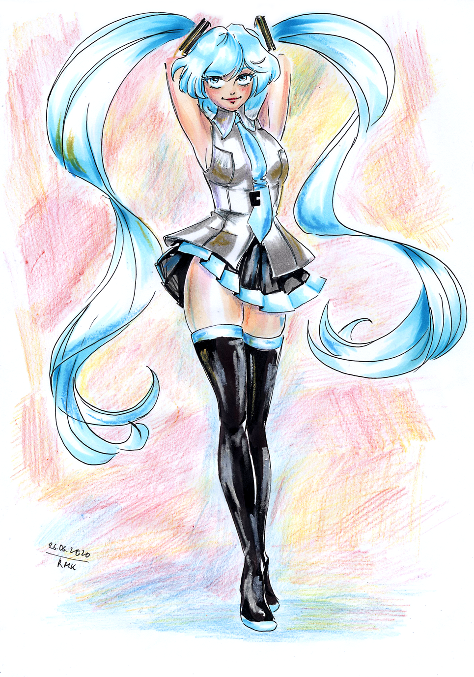 1girl armpits arms_behind_head arms_up bare_arms bare_shoulders black_legwear black_skirt blue_eyes blue_hair blue_neckwear blush closed_mouth collared_shirt dated eyebrows_visible_through_hair full_body grey_shirt hatsune_miku highres long_hair looking_up miniskirt multicolored multicolored_background necktie no_detached_sleeves pleated_skirt rumiak shirt signature simple_background skirt sleeveless sleeveless_shirt smile solo thigh-highs traditional_media twintails very_long_hair vocaloid wing_collar zettai_ryouiki