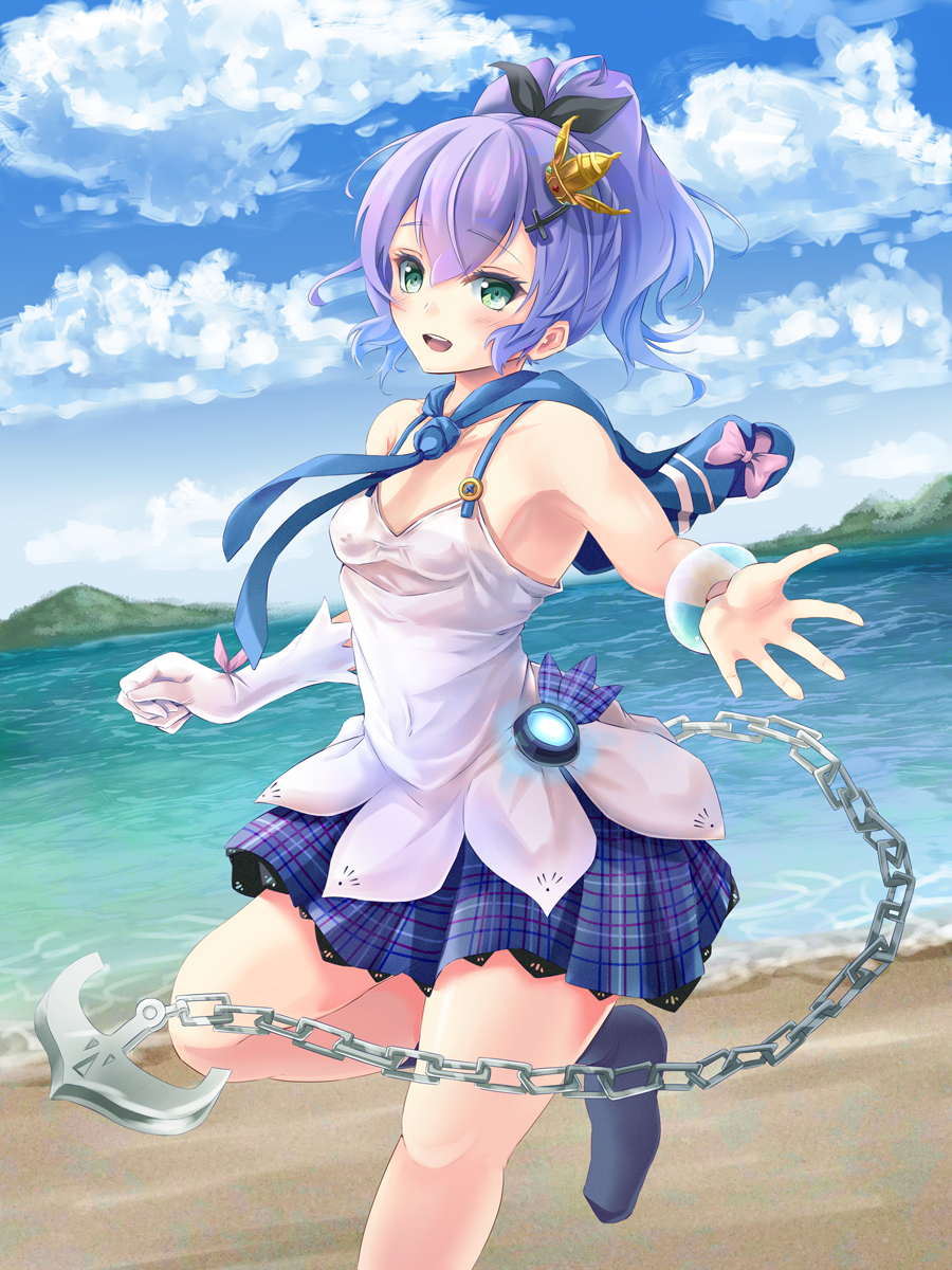 1girl :d anchor azur_lane bangs bare_shoulders beach black_legwear black_ribbon blue_skirt blue_sky blush breasts camisole chain clouds cloudy_sky commentary_request covered_navel crown day eyebrows_visible_through_hair gloves green_eyes hair_between_eyes hair_ornament hair_ribbon high_ponytail highres javelin_(azur_lane) mini_crown no_shoes open_mouth outdoors pleated_skirt ponytail purple_hair ribbon sand single_glove skirt sky small_breasts smile socks solo standing standing_on_one_leg upper_teeth water white_camisole white_gloves yumibakama_meme