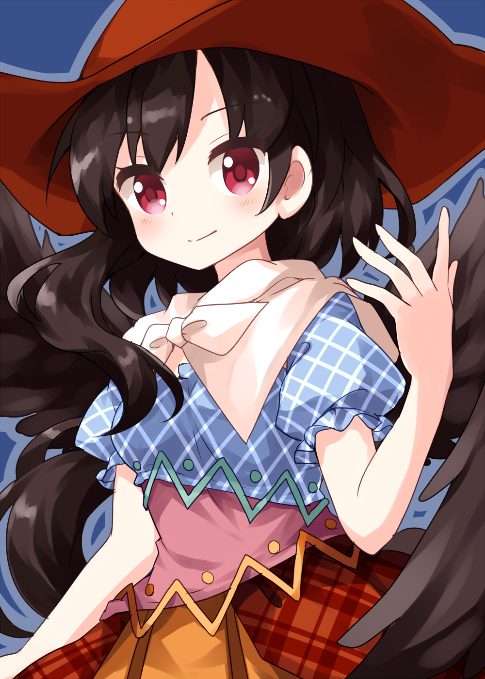 1girl bandana black_hair black_wings blue_background blue_shirt blush brown_headwear brown_skirt cowboy_hat cowboy_shot feathered_wings hand_up hat highres kurokoma_saki long_hair pegasus_wings ponytail red_eyes ruu_(tksymkw) shirt simple_background skirt touhou western wings