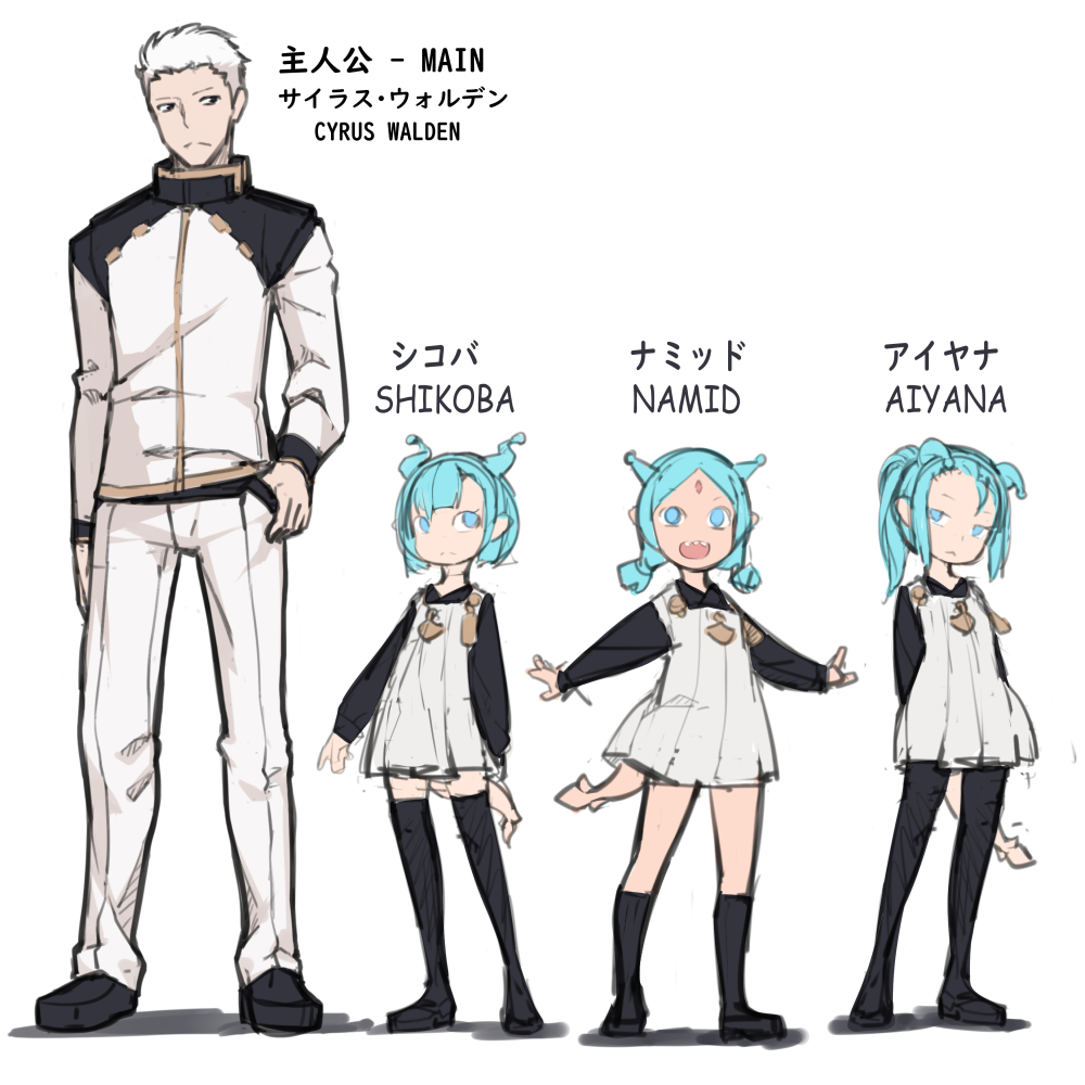 1boy 3girls :&lt; :d antennae aoi_tsunami bangs black_footwear black_legwear black_shirt blue_eyes blue_hair boots character_name closed_mouth collared_shirt dress facial_mark forehead_mark jacket long_sleeves multiple_girls open_mouth original pants parted_bangs shadow sharp_teeth shirt shoes sketch sleeveless sleeveless_dress smile standing tail teeth thigh-highs thigh_boots white_background white_dress white_hair white_jacket white_pants