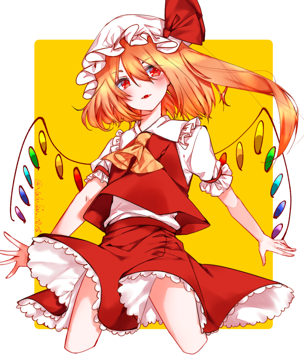 1girl artist_name ascot blonde_hair bow cowboy_shot crystal eyes_visible_through_hair fangs flandre_scarlet frilled_shirt frilled_shirt_collar frilled_skirt frilled_sleeves frills hat hat_ribbon highres medium_hair mob_cap one_side_up puffy_short_sleeves puffy_sleeves red_bow red_eyes red_ribbon red_skirt red_vest ribbon ribbon-trimmed_sleeves ribbon_trim shirt short_sleeves side_ponytail skirt skirt_set touhou vest white_shirt wings yatsuki_(yaduki_0815) yellow_neckwear